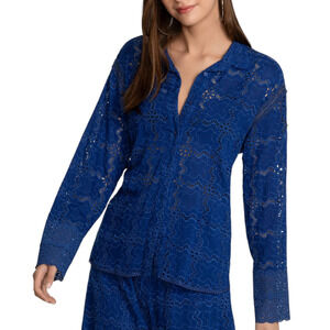 Johnny Was Jade Marina Joy Rayon Shirt Blue Eyelet Button Down Long Sleeve